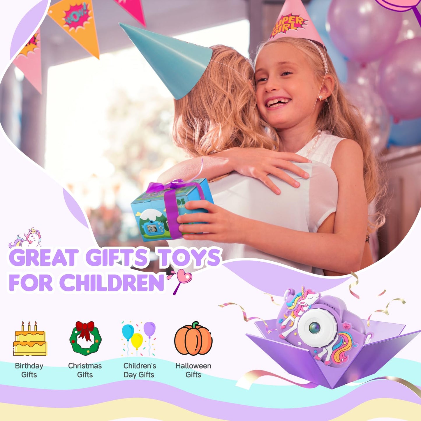 NBKLS kids camera display screen showing the built in puzzle games menu and creative photo filter options