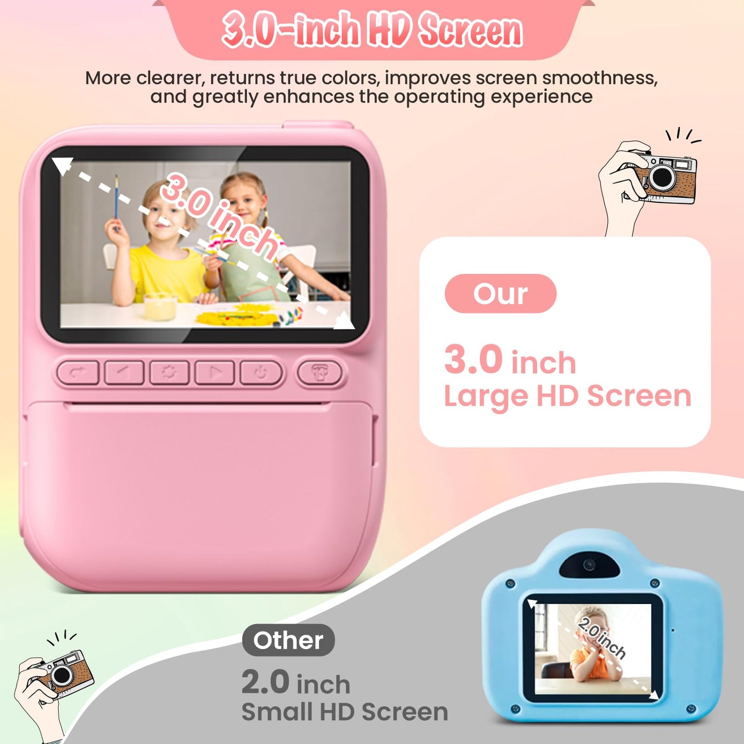 Pink digital video camera for children featuring large three inch display screen