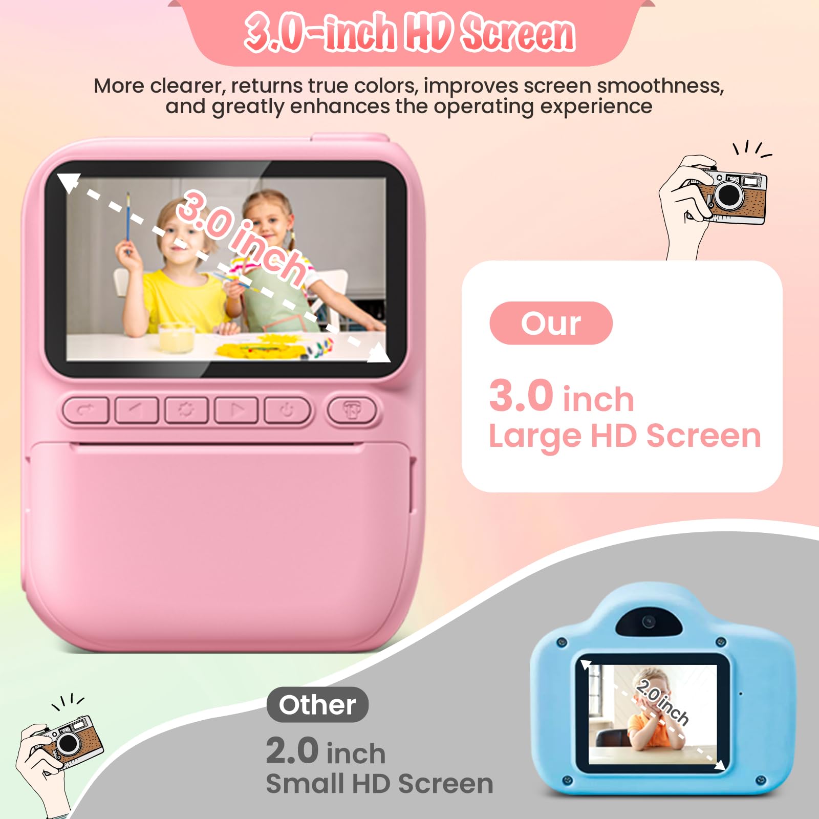 Pink digital video camera for children featuring large three inch display screen