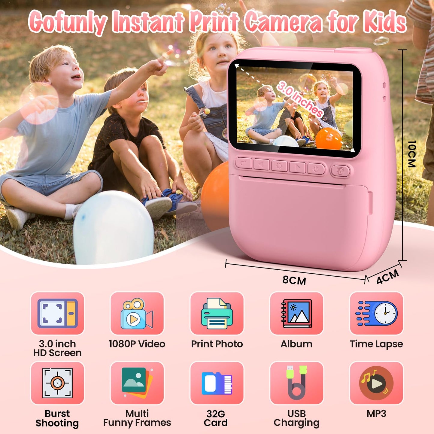 Toddler instant photo camera displaying high definition user interface and buttons
