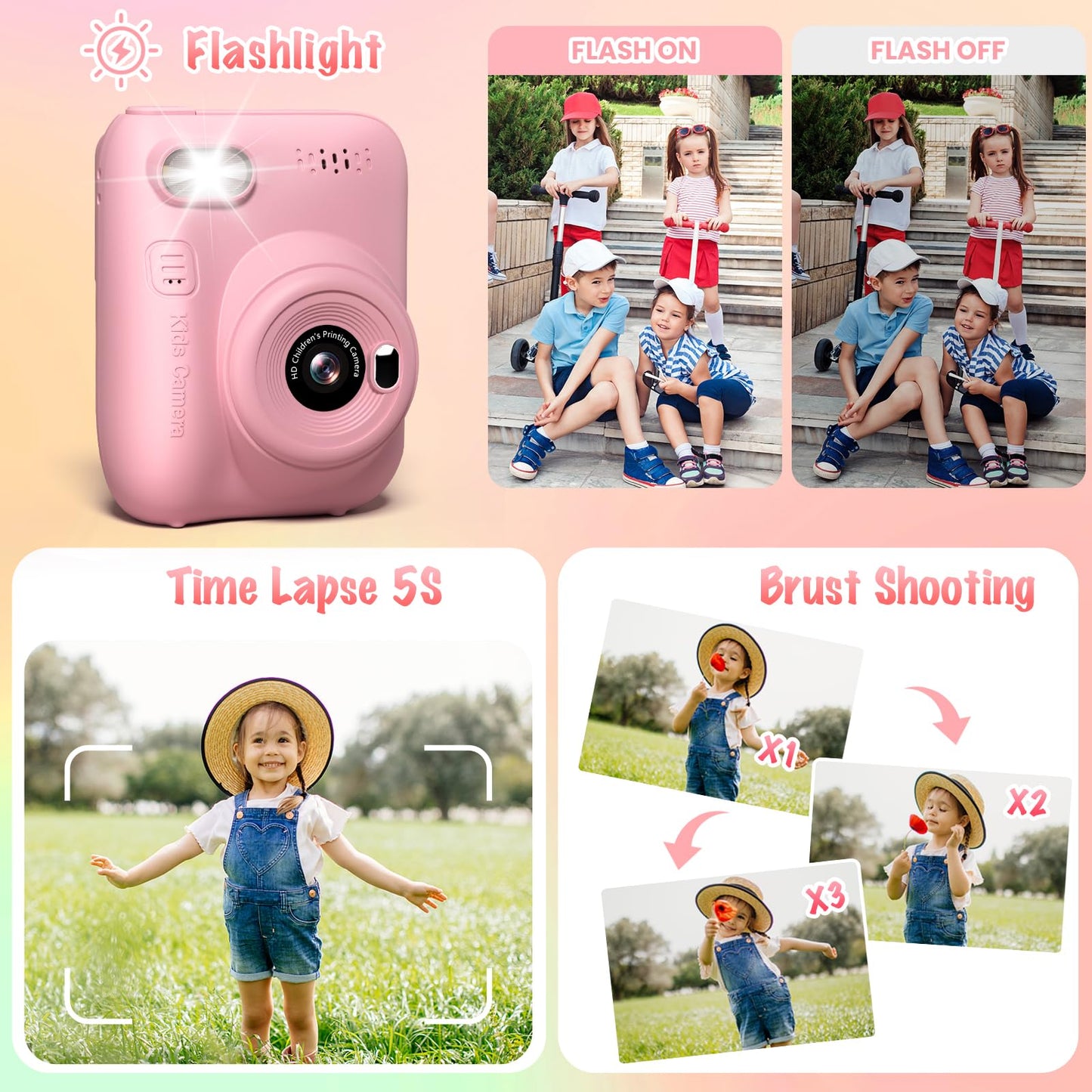 Gofunly toy print camera with included thermal paper rolls and color pencils