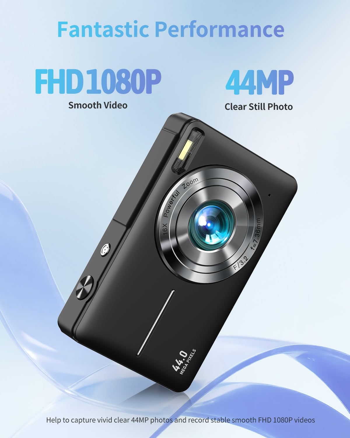 Lecran point and shoot camera rear view displaying the large liquid crystal display screen
