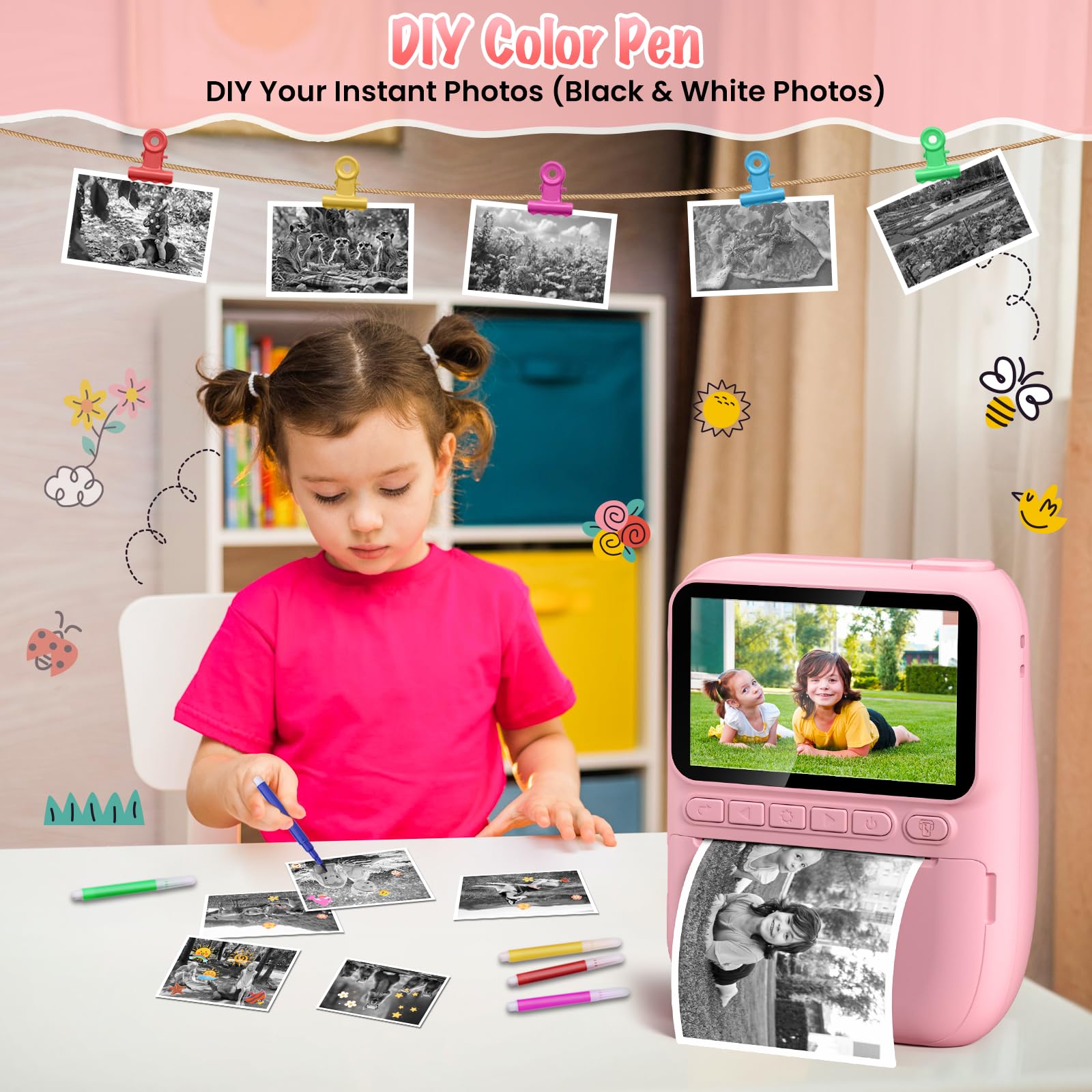 Pink portable photography toy device with custom lanyard for easy carrying