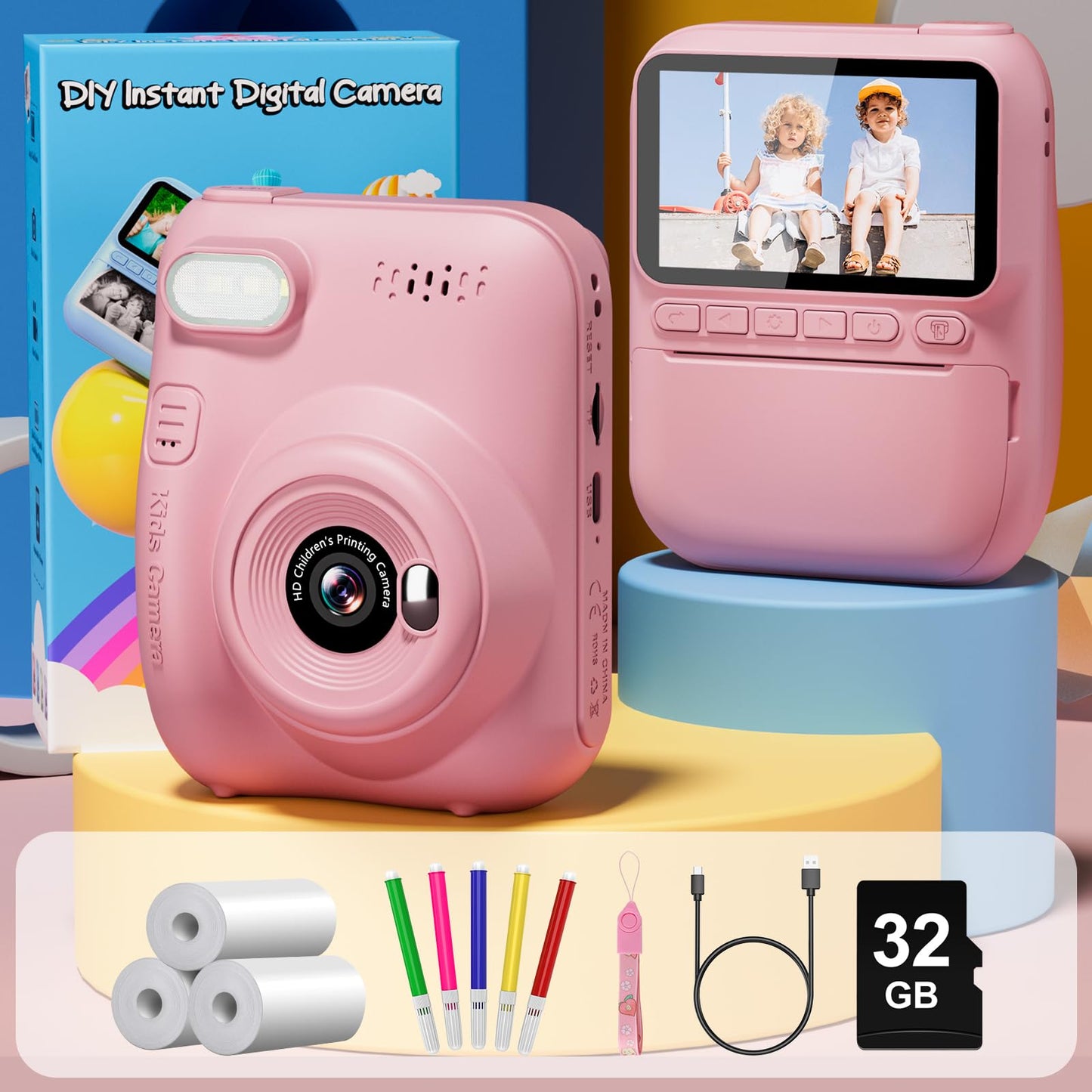 Inkless photo printer camera for girls and boys capturing 1080P digital video