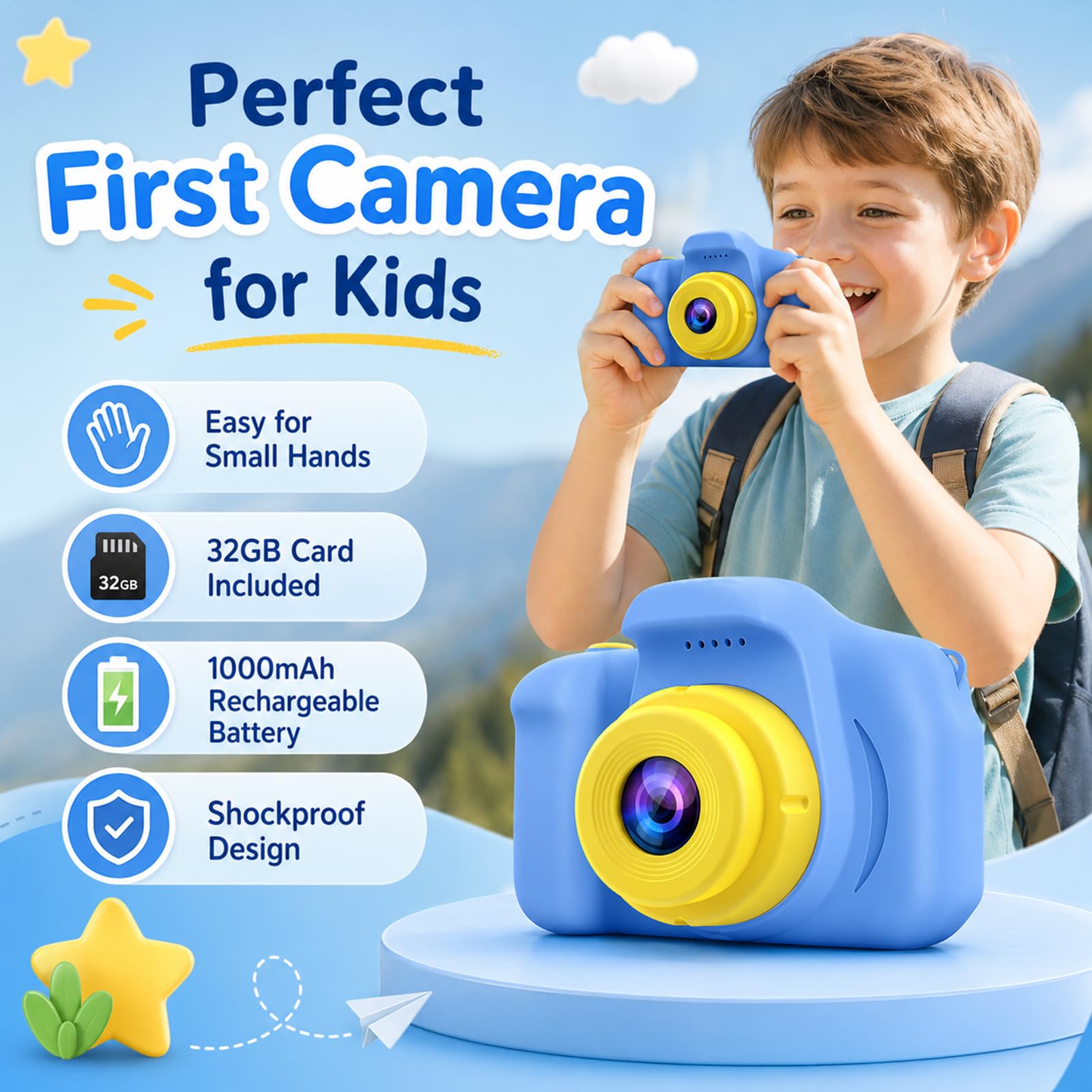 Desuccus children's digital camera showing the rear view with its clear screen display and simplified navigation controls.