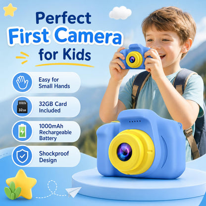 Desuccus children's digital camera showing the rear view with its clear screen display and simplified navigation controls.