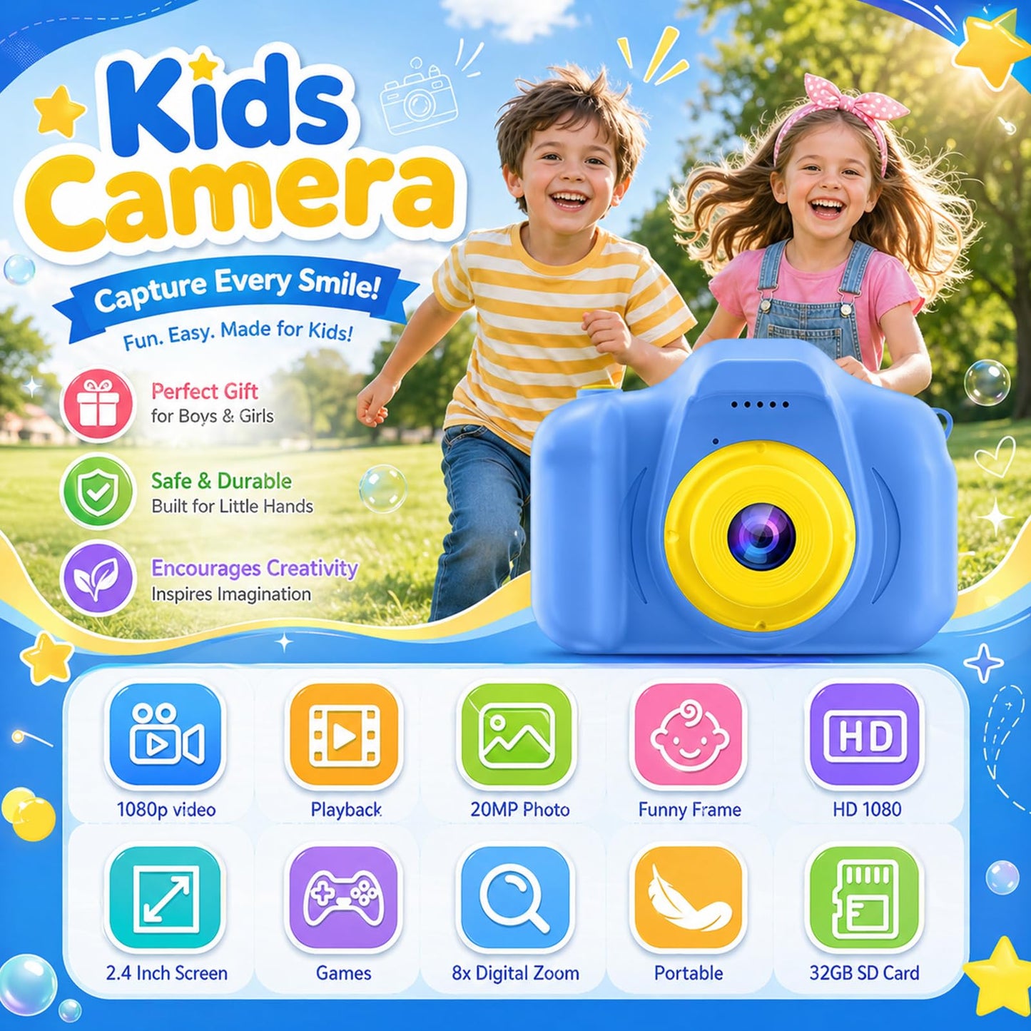 Desuccus toddler video recorder unboxed with the included yellow safety neck lanyard and thirty-two gigabyte micro SD card.