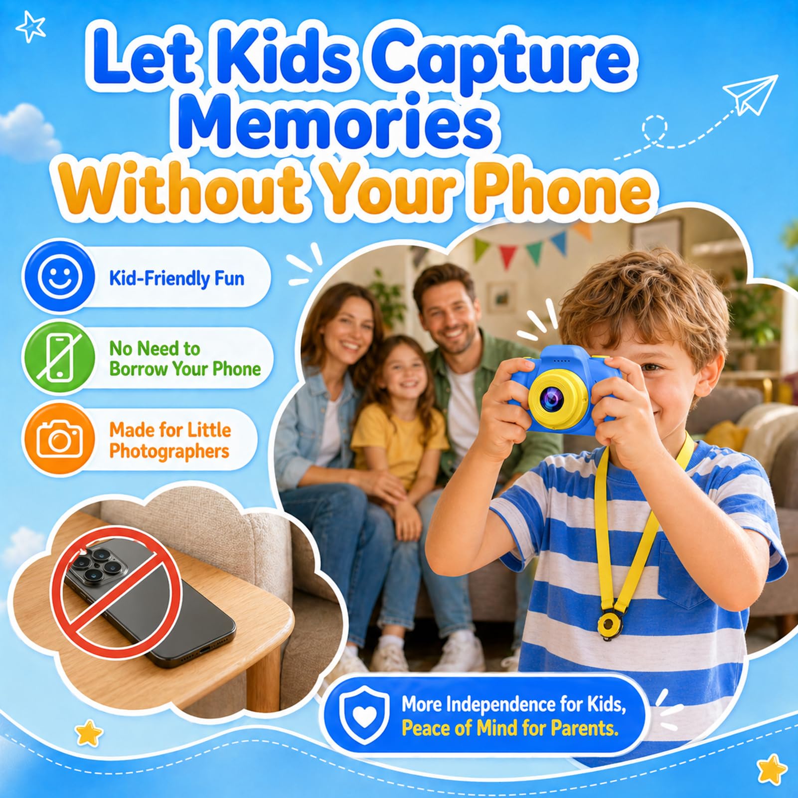 Side angle view of the durable blue shockproof ABS casing on the Desuccus kids camera toy.
