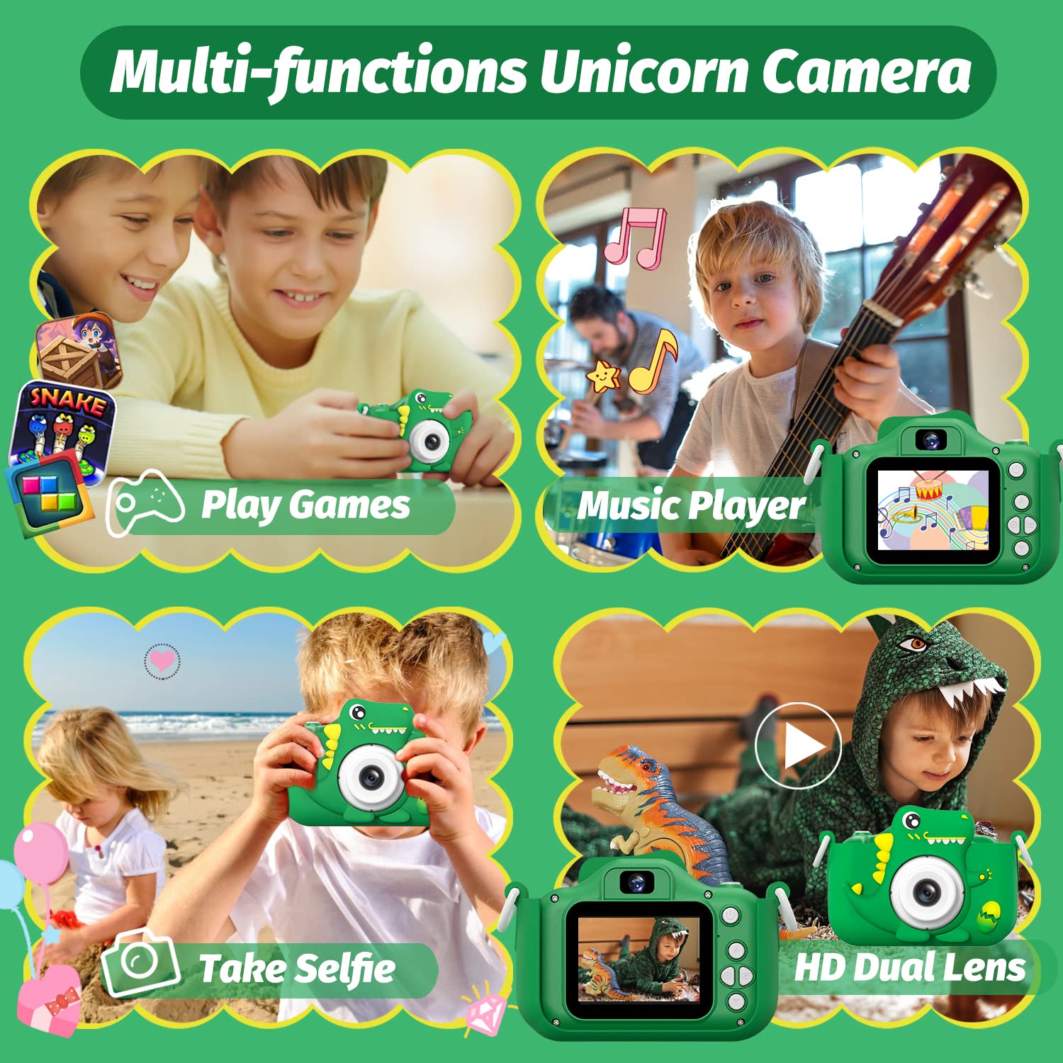 HOOMOON toddler digital camera showing the dual lens selfie functionality on the back screen.