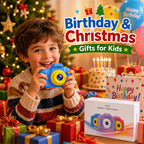 Desuccus blue camera for ages three to nine shown with its USB data charging cable and memory card reader accessory.