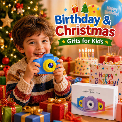 Desuccus blue camera for ages three to nine shown with its USB data charging cable and memory card reader accessory.