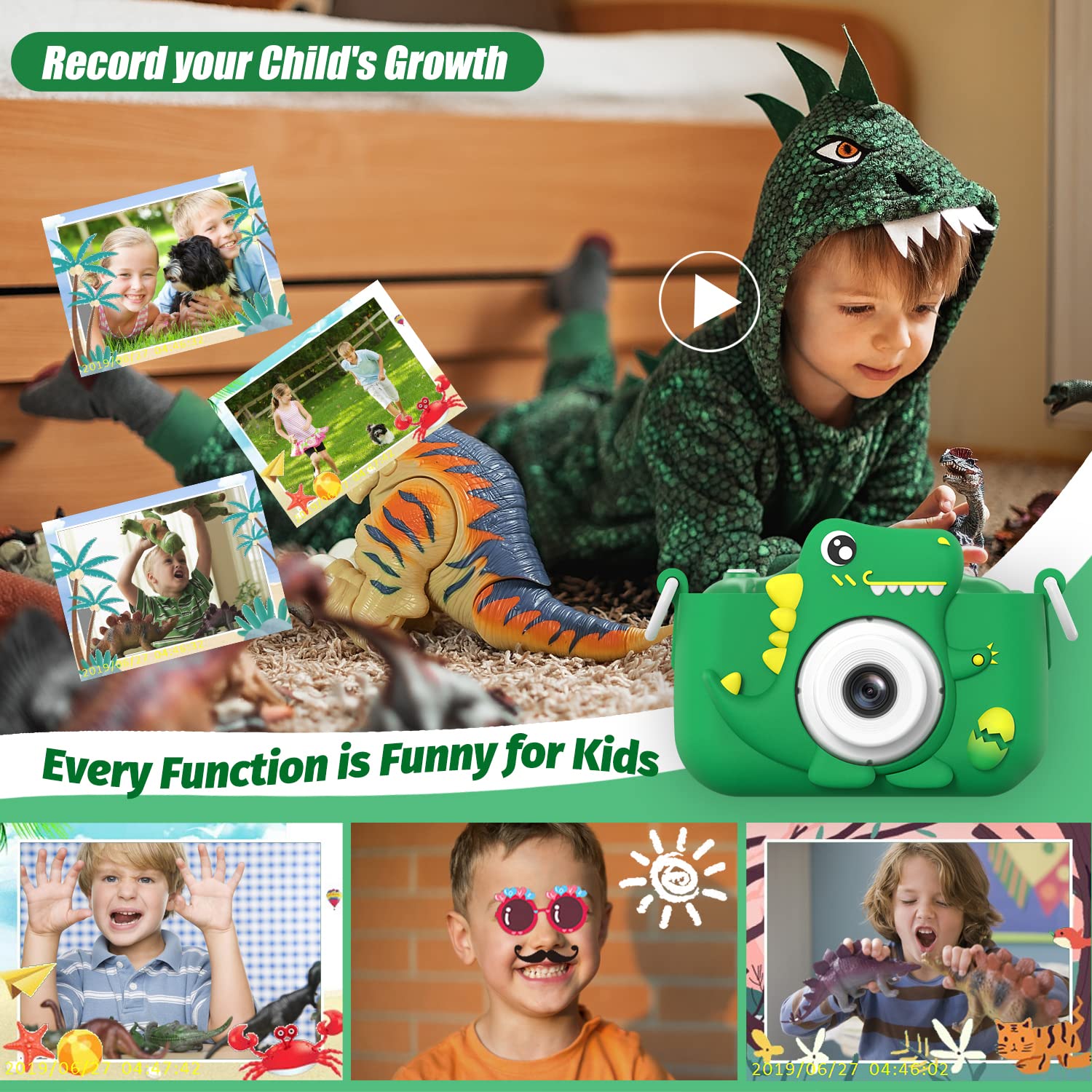 Dinosaur toy digital video camera displaying the integrated puzzle games on the LCD interface.