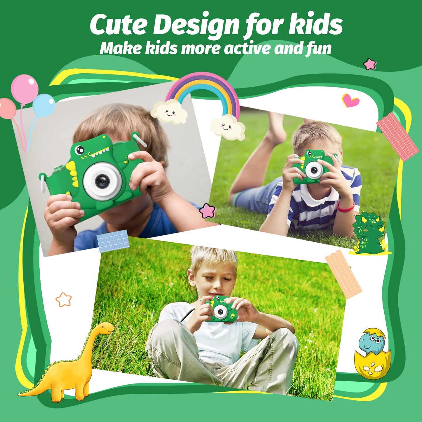 Durable shockproof green dinosaur casing for children electronic camera showing drop protection structure.