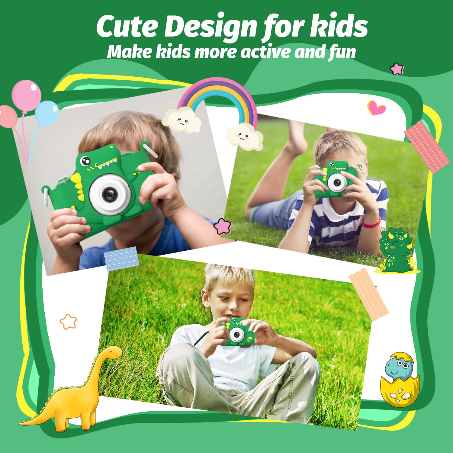 Durable shockproof green dinosaur casing for children electronic camera showing drop protection structure.