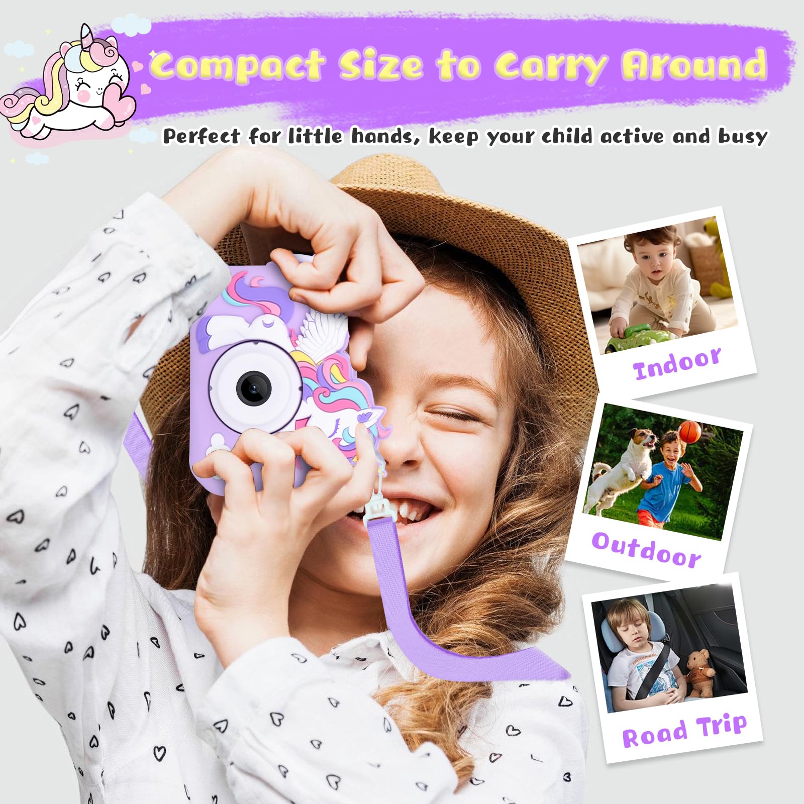 Envyvip purple unicorn digital camera with included neck lanyard and charging accessories unpacked