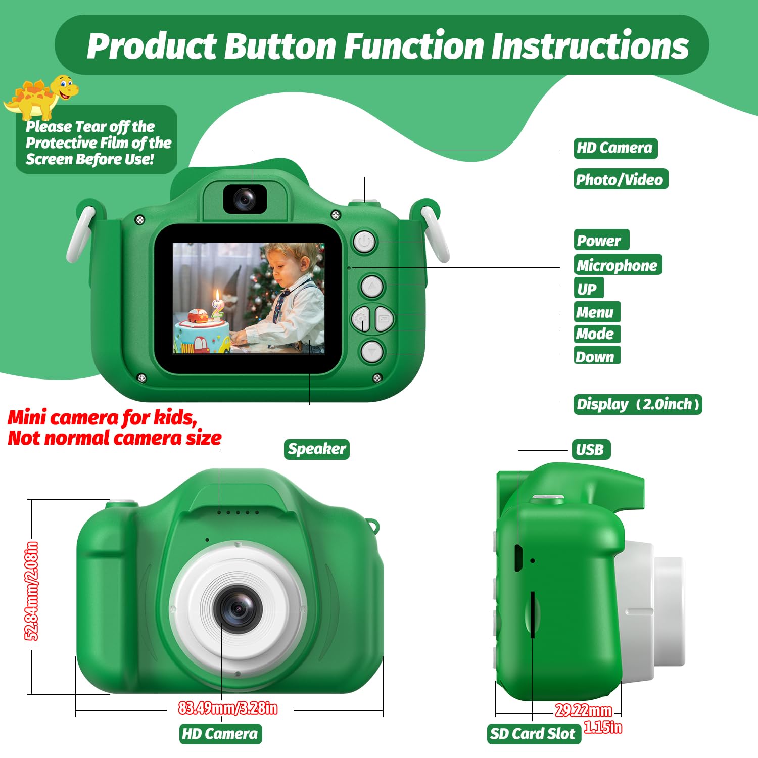 USA imported HOOMOON kids camera connected to a card reader for easy computer photo transfers.