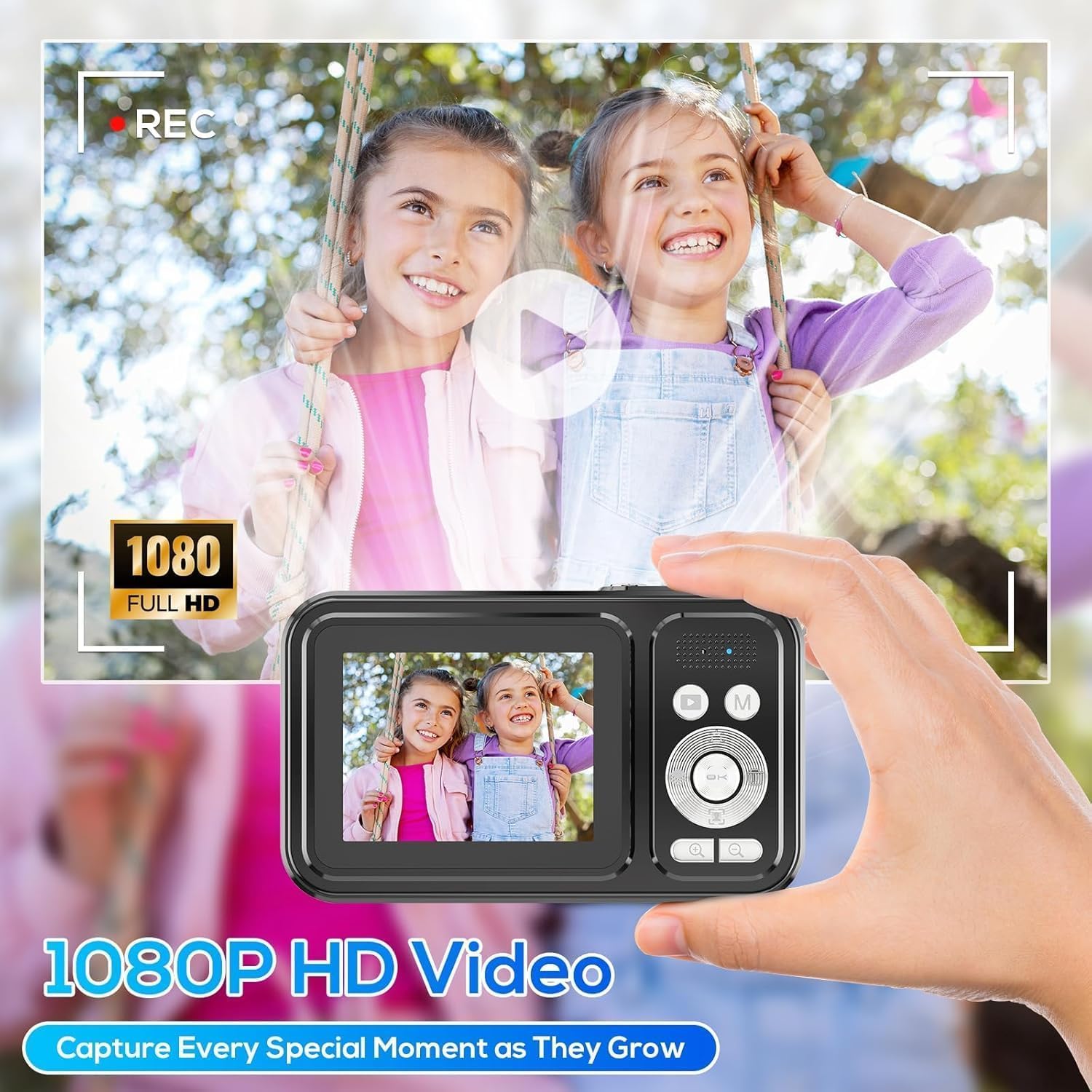 HILDCROA forty eight megapixel kids camera top angle view highlighting the power and shutter buttons