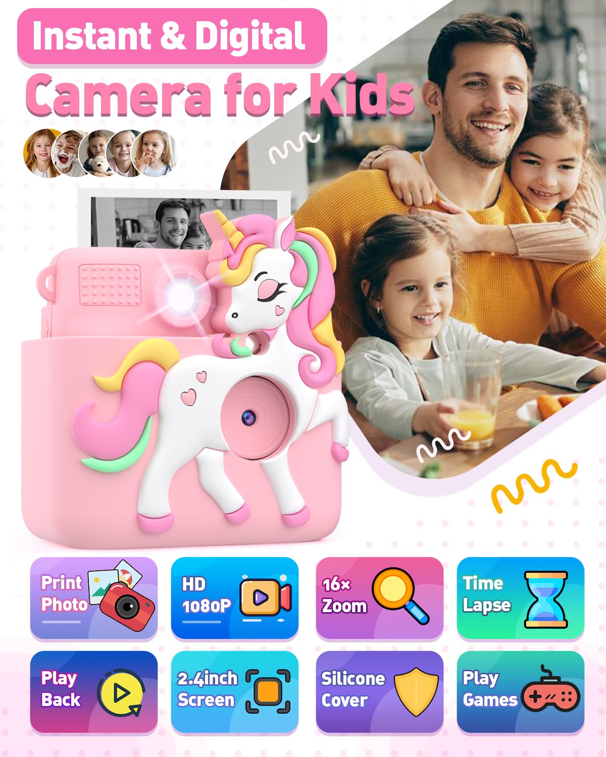 Careenoah children digital camera displaying the thermal printing feature with a printed photo