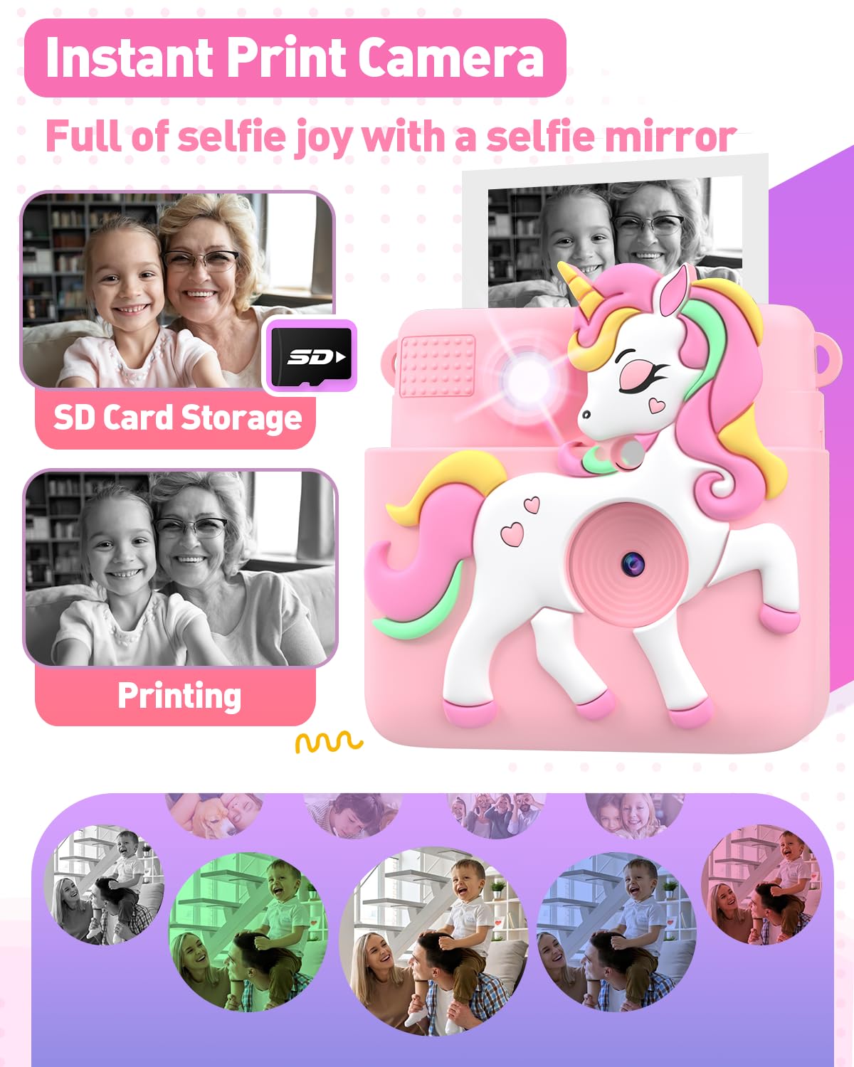 Careenoah pink digital toy camera for girls showcasing the 2.4 inch IPS screen and controls