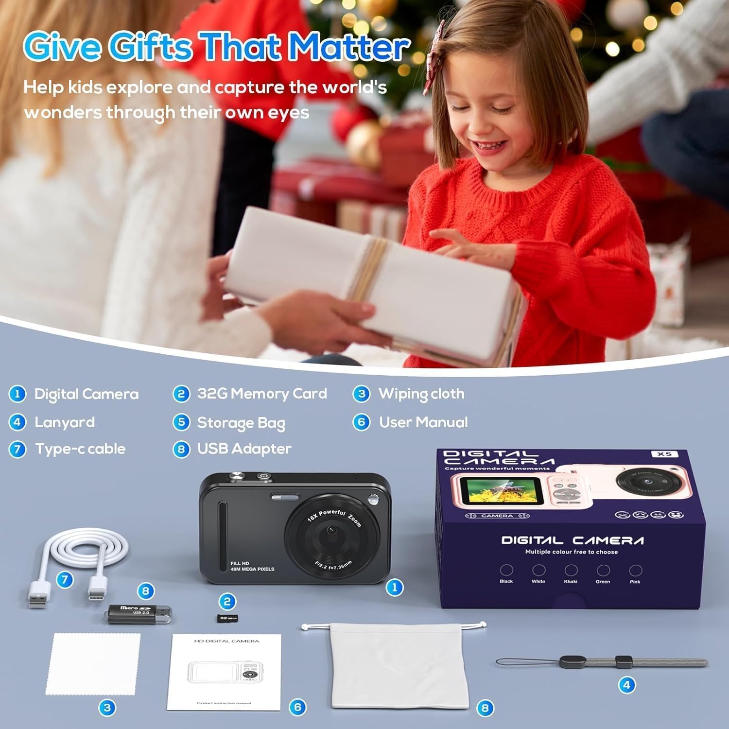 HILDCROA anti shake photography camera for boys and girls packaged with its carrying strap