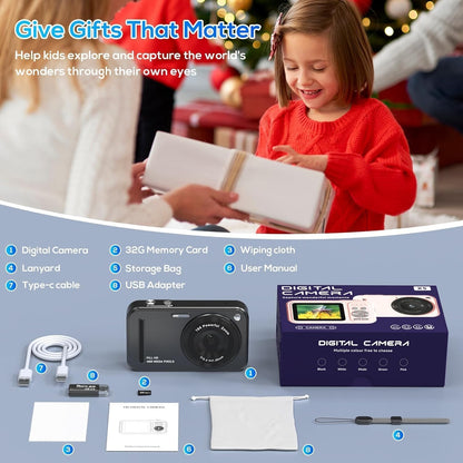 HILDCROA anti shake photography camera for boys and girls packaged with its carrying strap