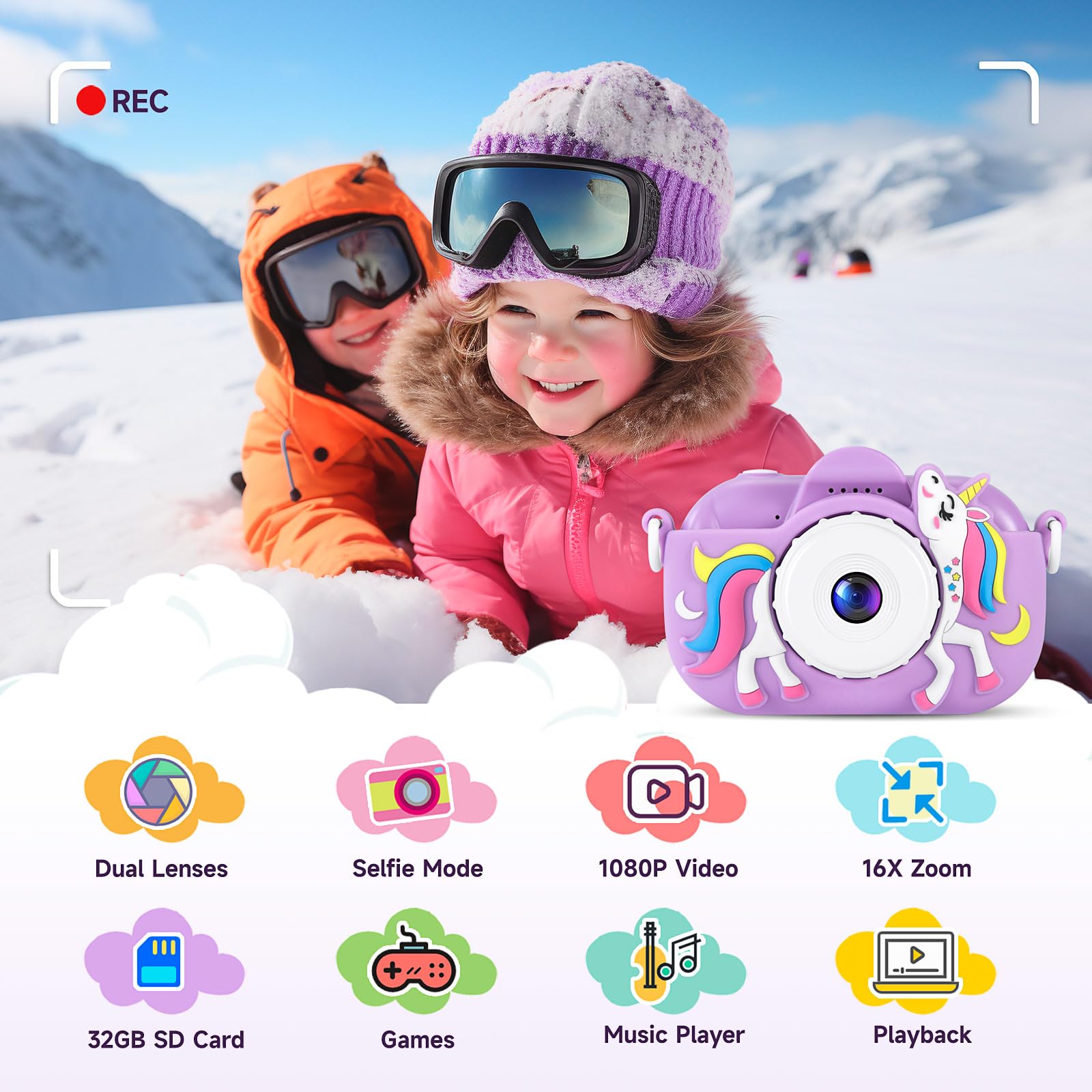 MAVOKIS childrens video recorder angled view showcasing the durable purple shockproof casing