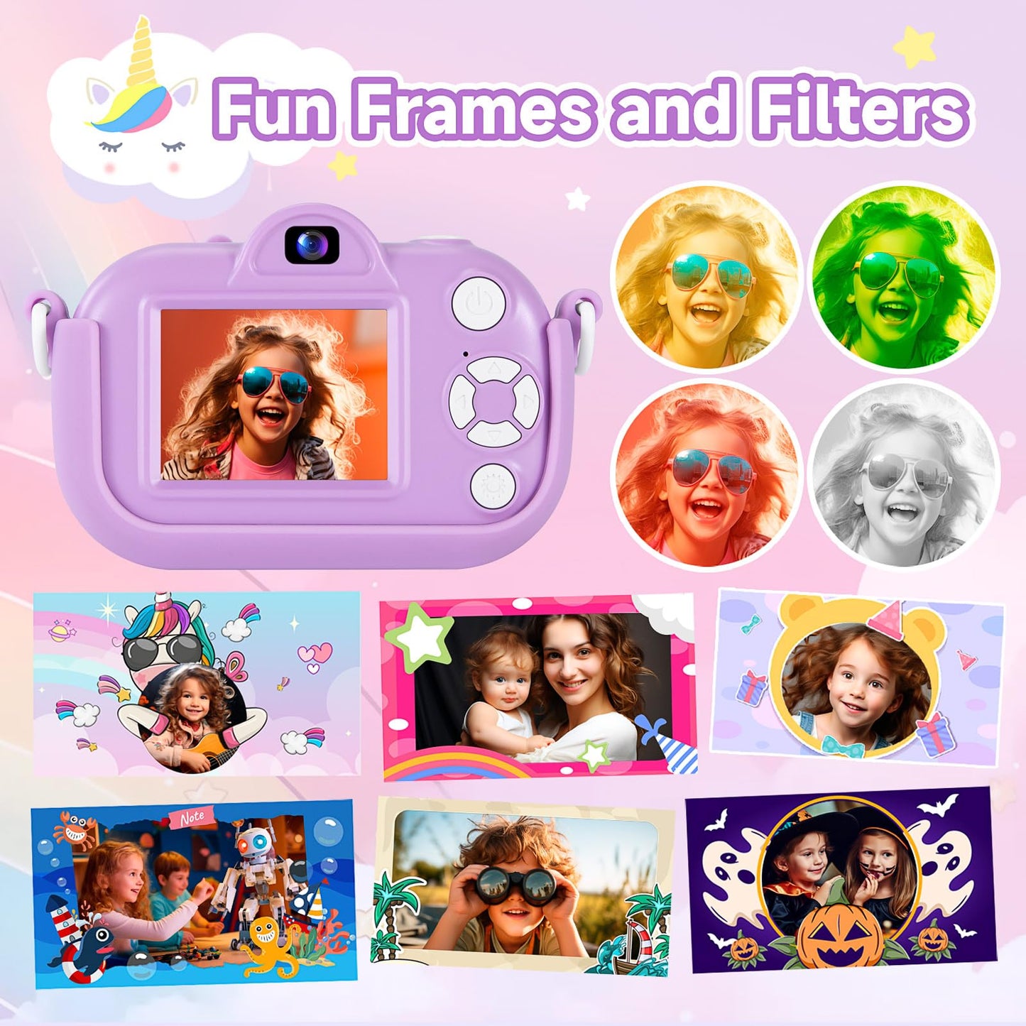 MAVOKIS kids digital camera accessories view showing the included thirty two gigabyte secure digital card