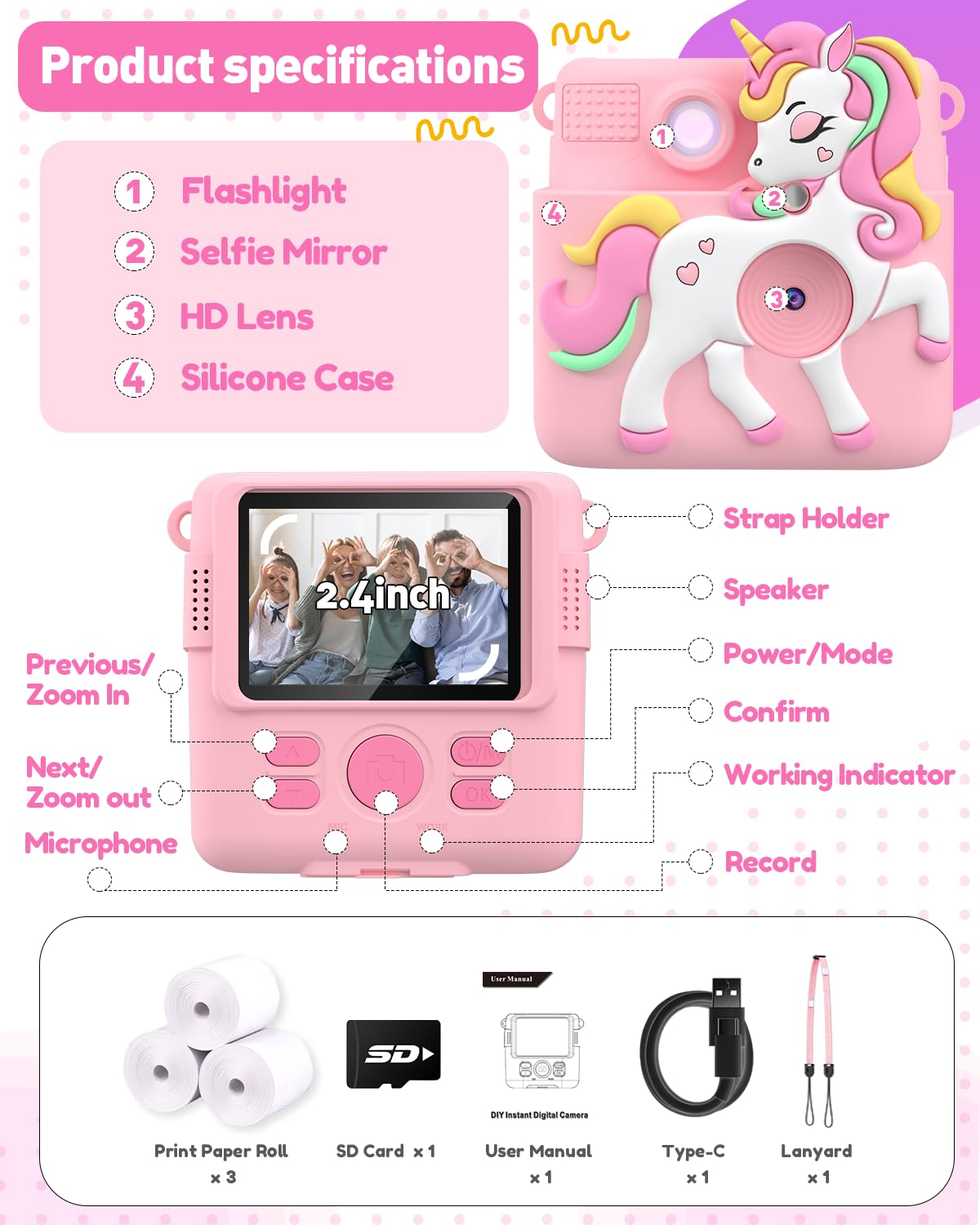 Careenoah inkless print camera for children illustrating creative frames and cartoon filters