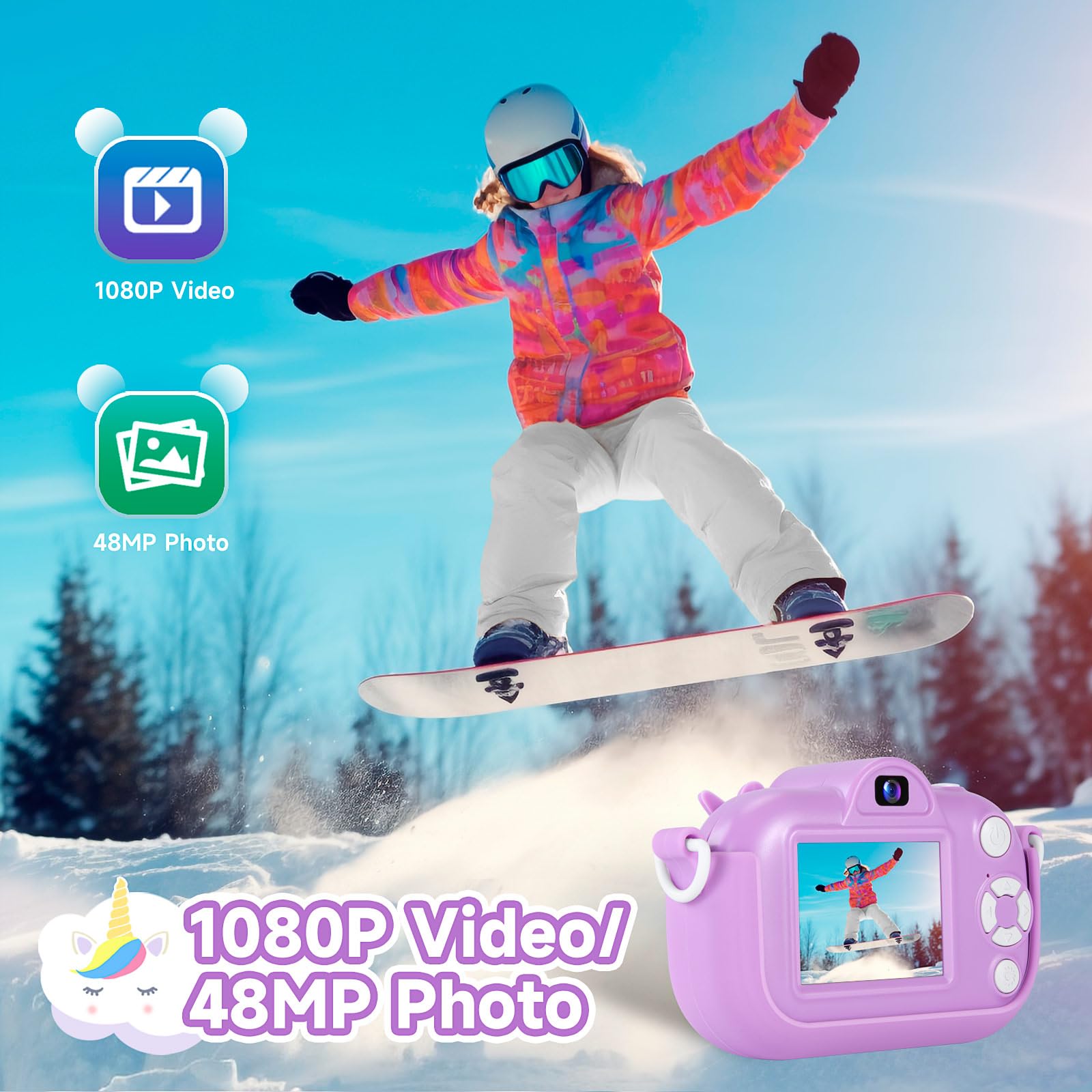 MAVOKIS portable kids toy camera highlighting the top shutter button and secure lanyard attachment point