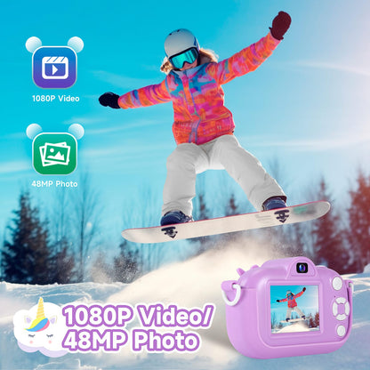 MAVOKIS portable kids toy camera highlighting the top shutter button and secure lanyard attachment point