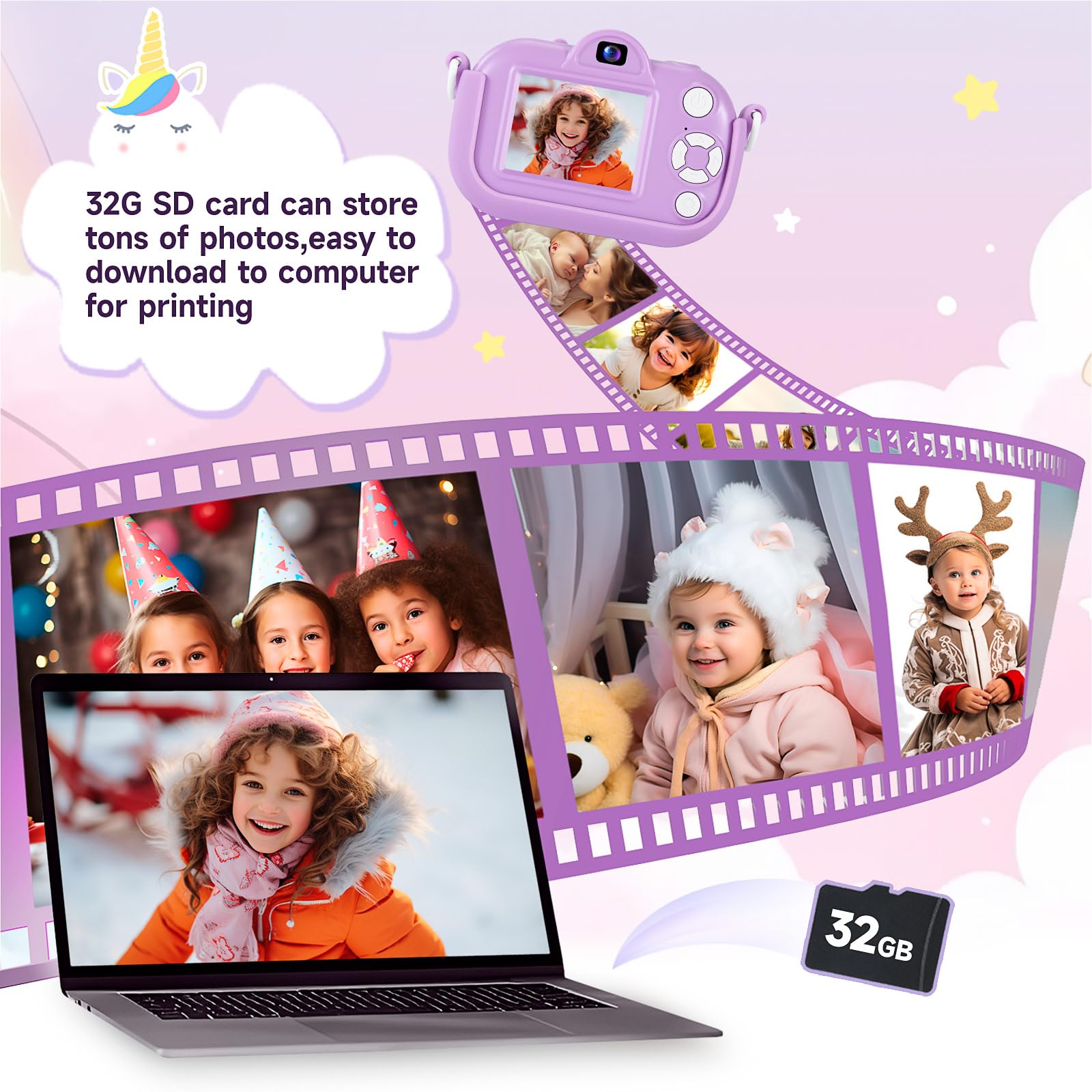 MAVOKIS high definition camera for children showing the packaging contents and universal serial bus cable