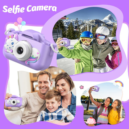 Children digital video recorder toy showing dual front and rear lenses