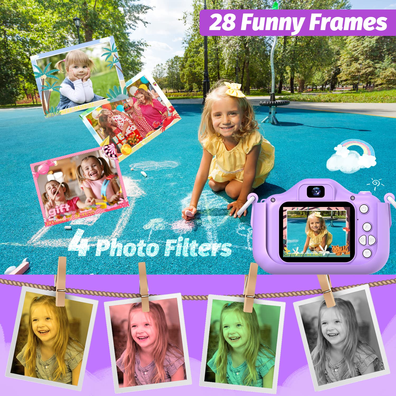 Kids camera toy with thirty two gigabyte micro SD card and lanyard