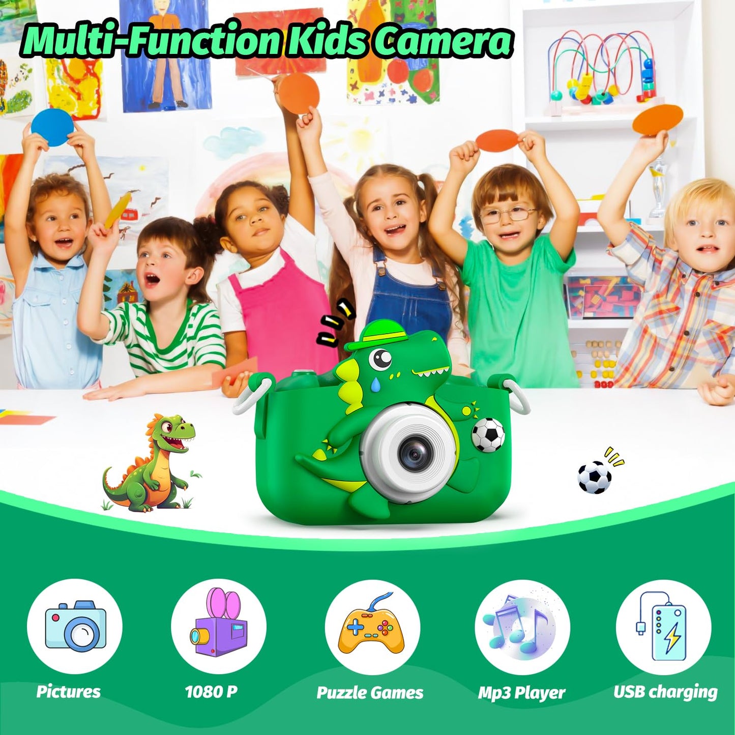 Cimizi green dinosaur children camera displaying dual front and rear lenses