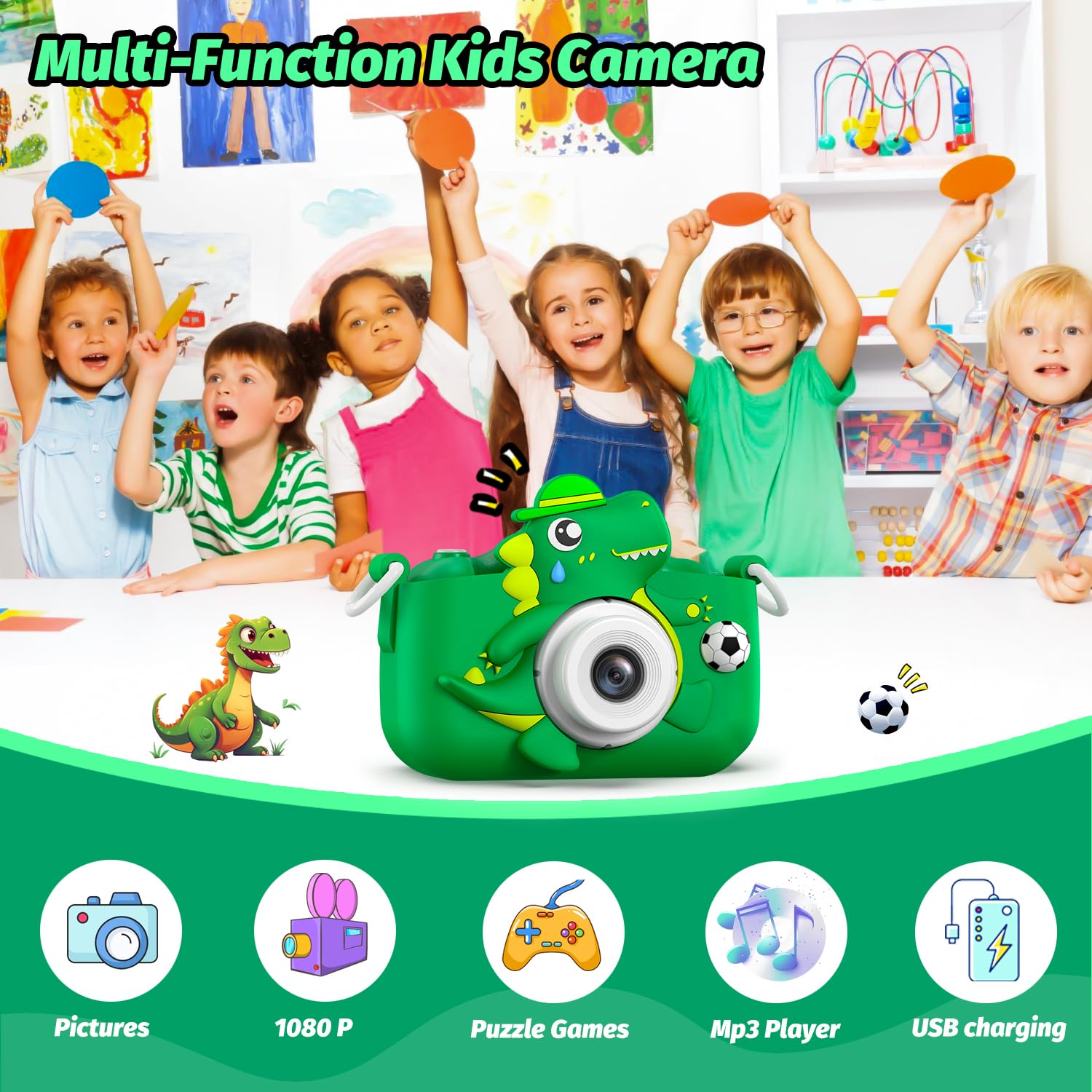 Cimizi green dinosaur children camera displaying dual front and rear lenses