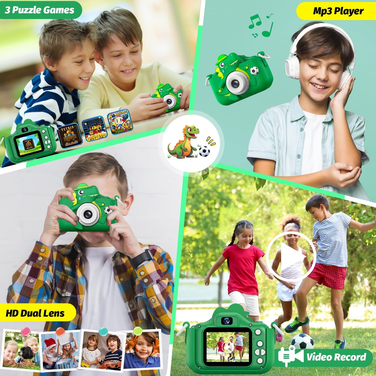 Cimizi kids camera showing built-in puzzle games and photo frames menu