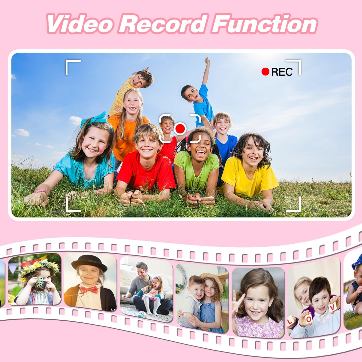 Goopow children pink video camera showing the top buttons and lens positioning