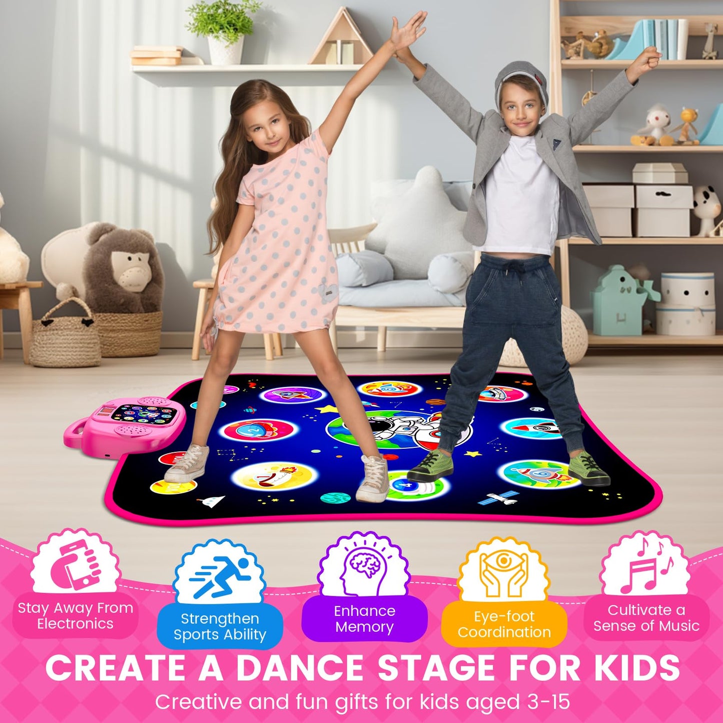 Top view of Jamlamq light-up 8-button dance mat for kids