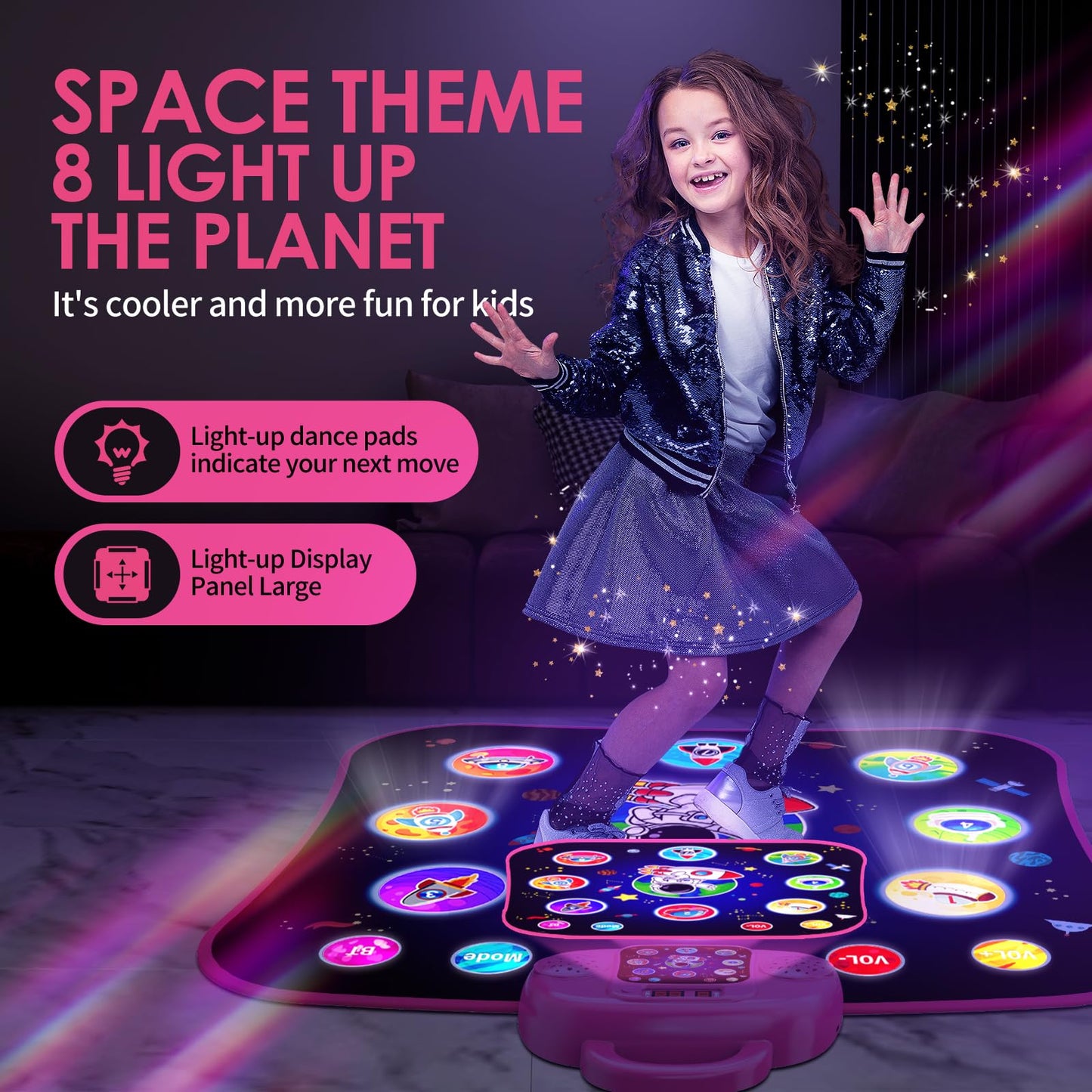 Child playing on OMOZOMBB Bluetooth dance mat with cosmic planet design
