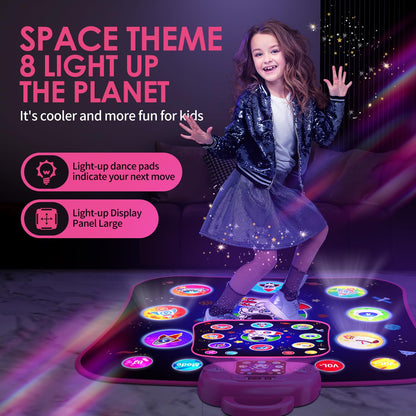 Child playing on OMOZOMBB Bluetooth dance mat with cosmic planet design