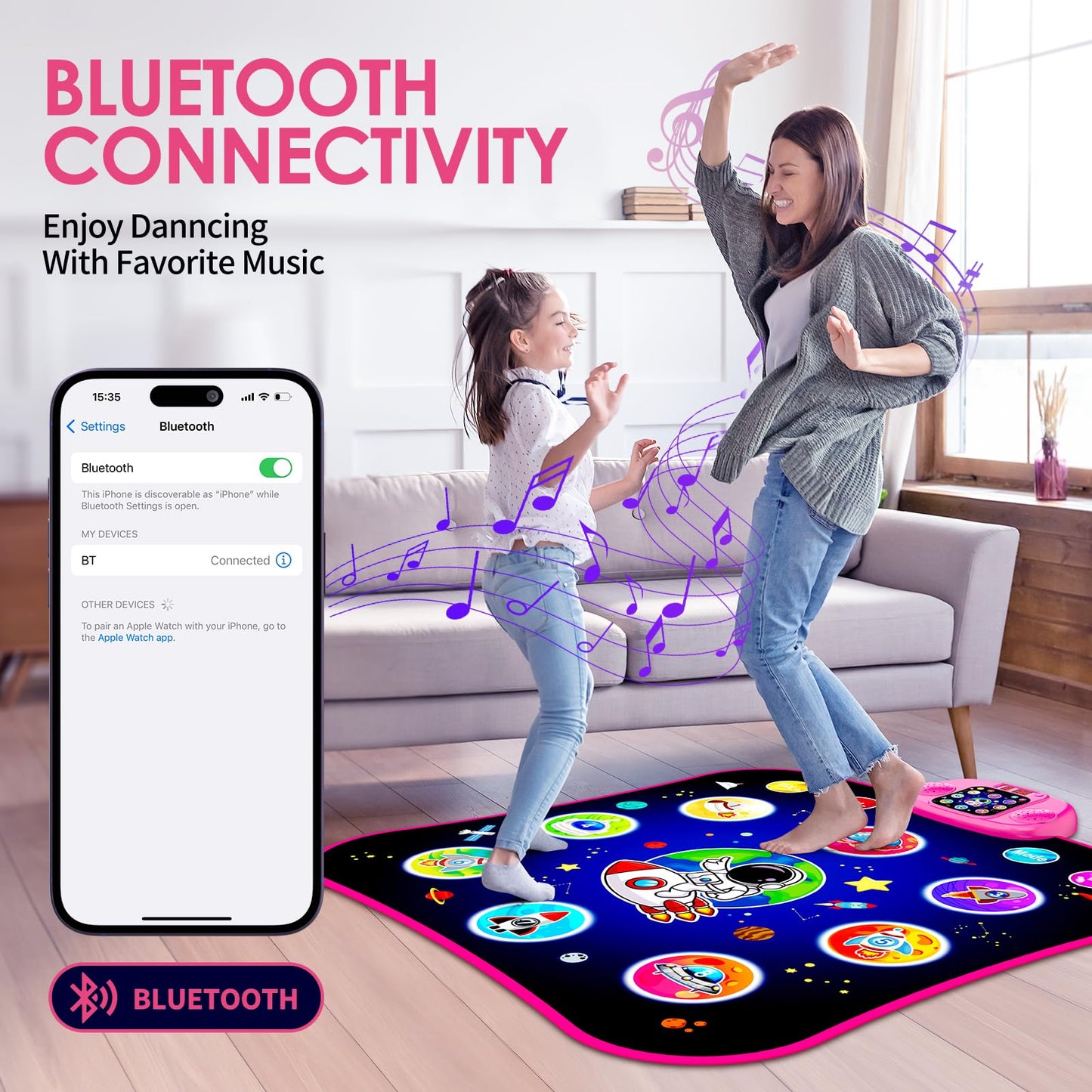Close up of 8 button LED light display on pink dance mat