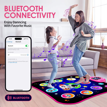 Close up of 8 button LED light display on pink dance mat