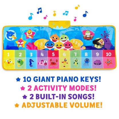 Close up of the Baby Shark piano dance mat control panel and features