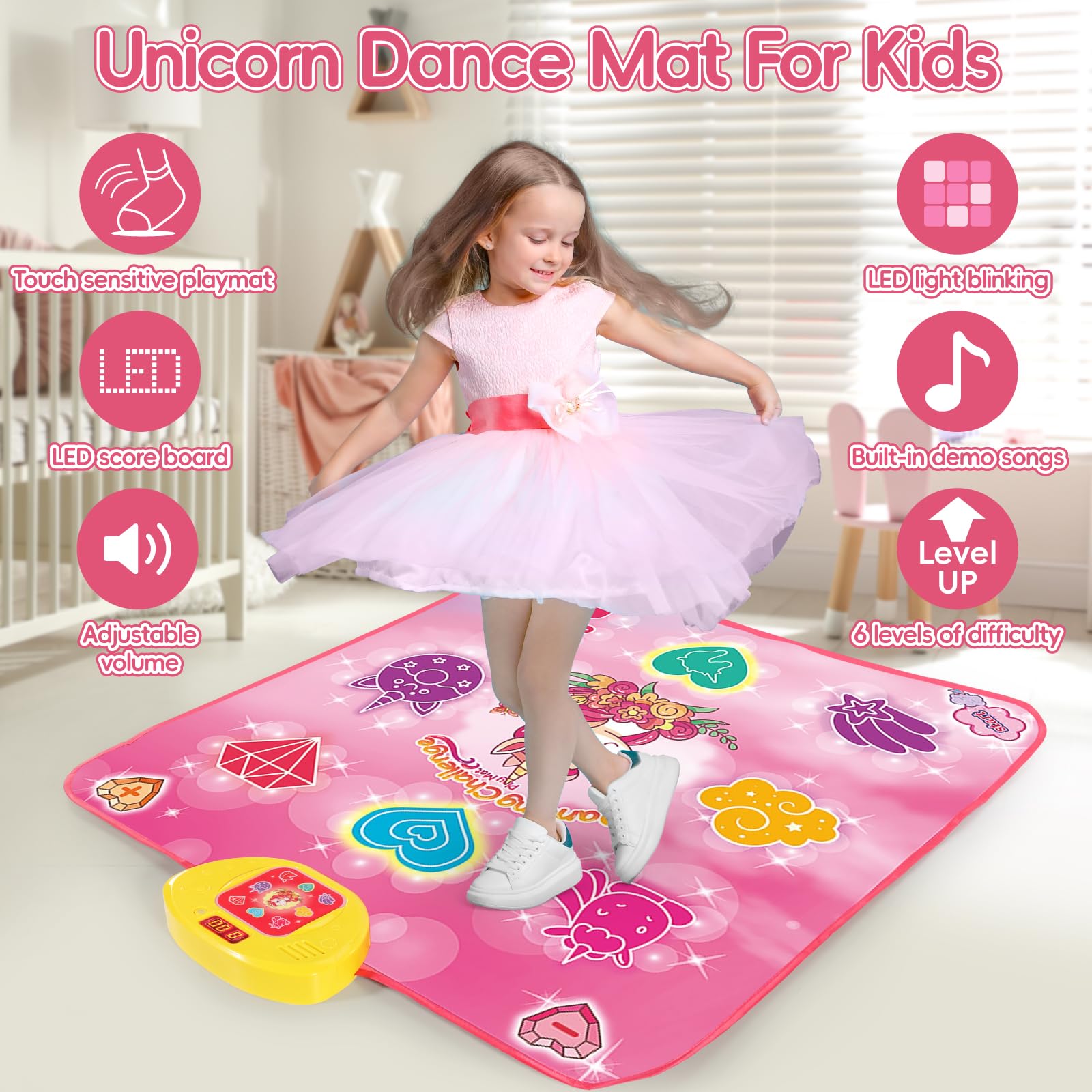 Unicorn musical dancing pad with LED lights close up