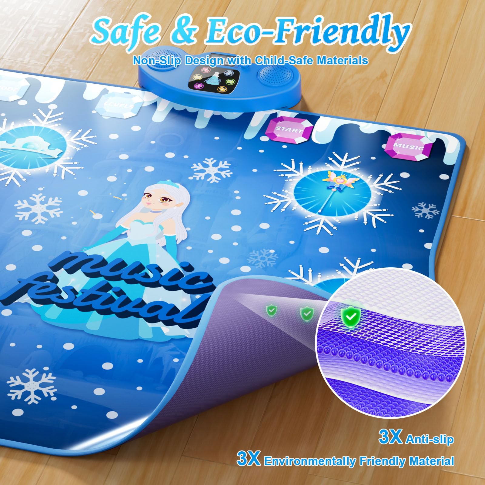Kids playing on the ice and snow themed musical floor mat