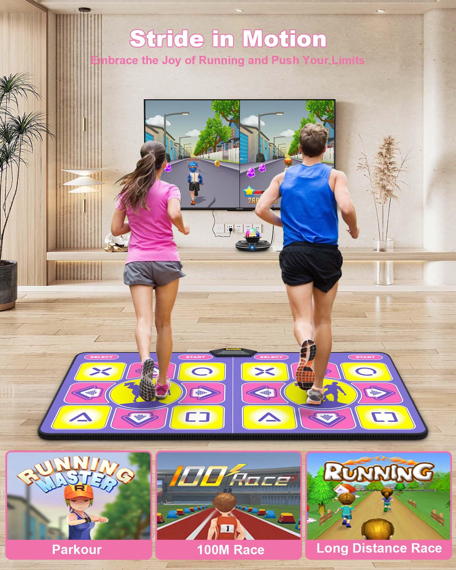 Acelufly electronic dance mat showing TV screen game interface