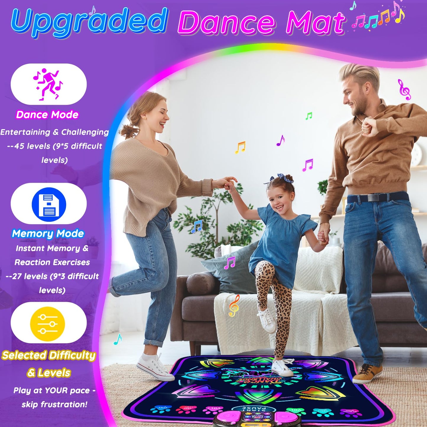 Child playing on MOMUSE music dance pad in living room