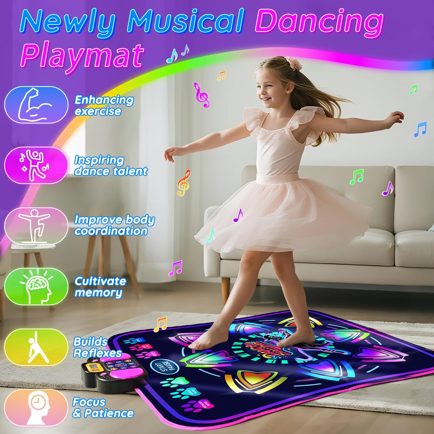 Close up of MOMUSE dance mat control panel and buttons