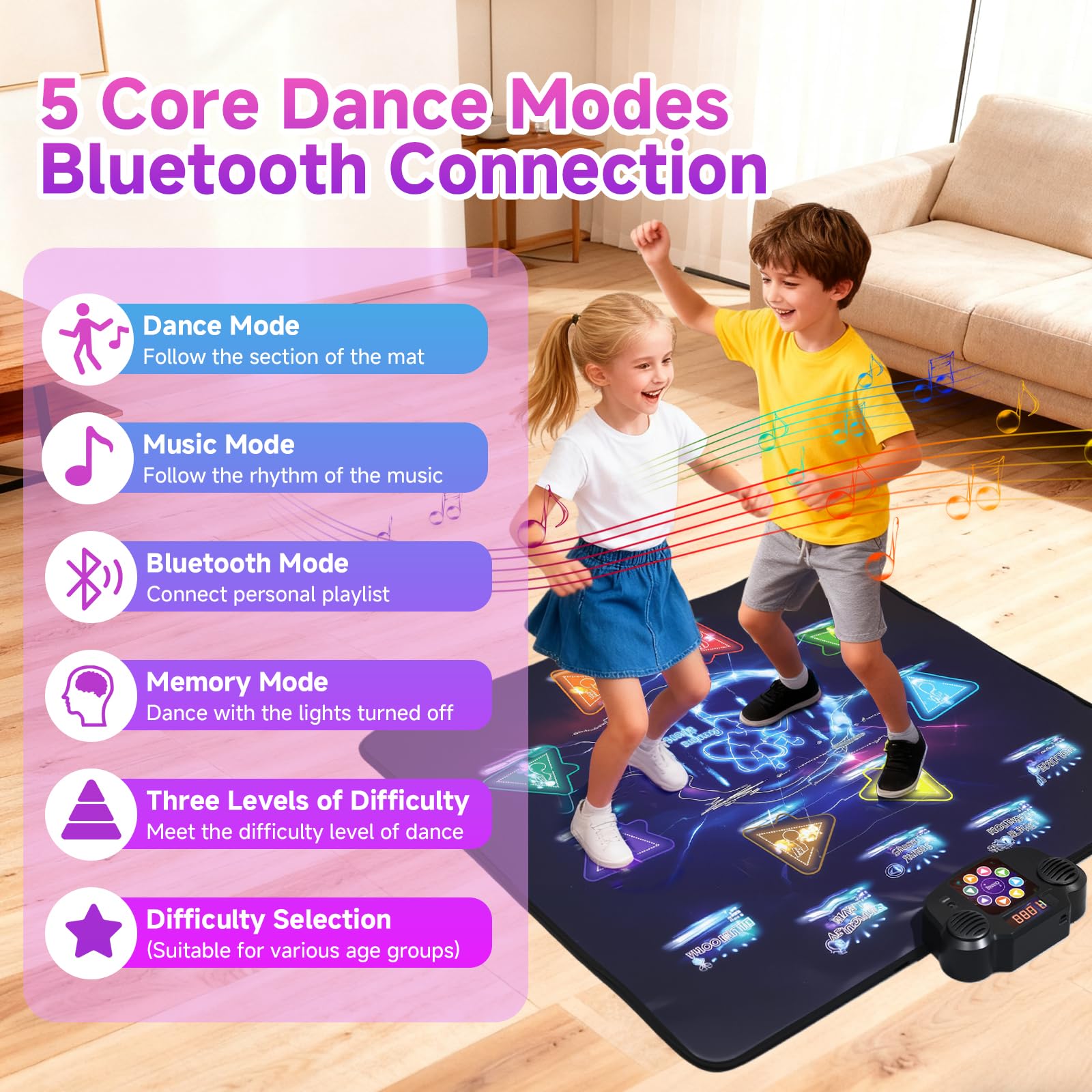 Child playing on LivelyCove electronic dance mat in living room
