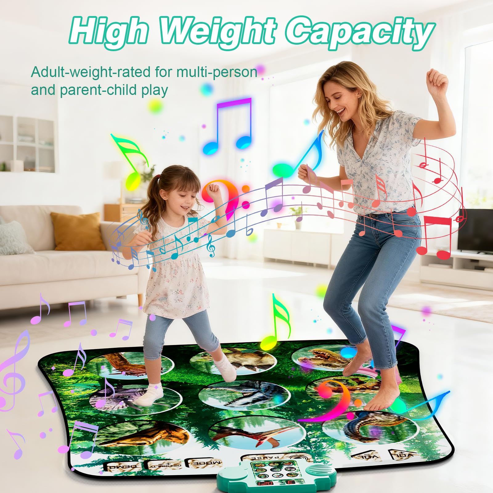 Kids enjoying physical exercise on indoor musical play mat